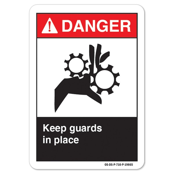 ANSI Danger Sign, Keep Guards In Place, 18in X 12in Decal, 12" H, 18" W, Landscape